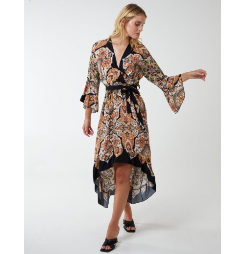 Paisley Wrap Kimono Style Hi Lo Dress