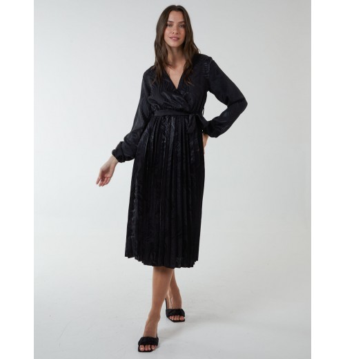 Jacquard Wrap Front Belted Pleated Midi Dress