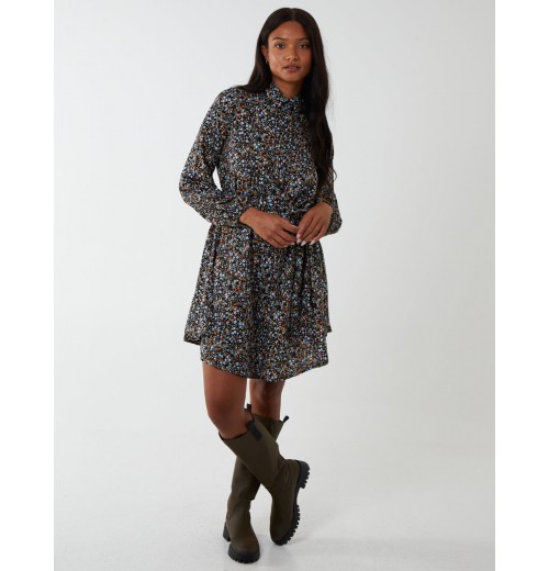 Multi Floral Print Mini Shirt Dress