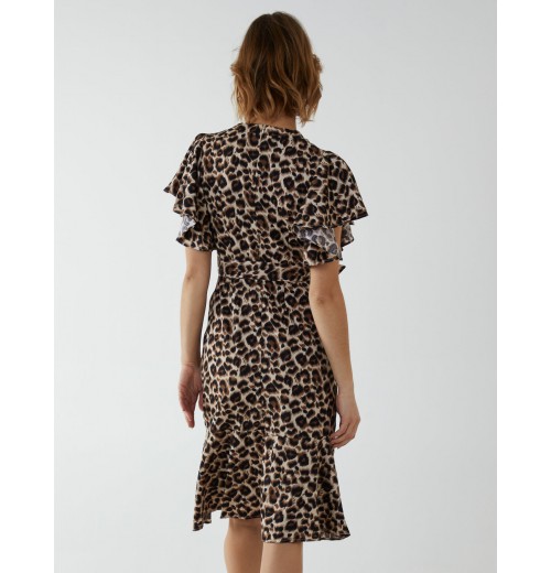 Leopard Print Wrap Ruffle Midi Dress