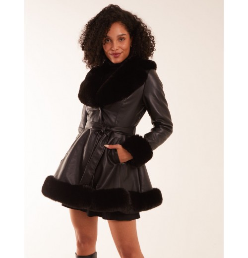 PU Faux Fur Trimmed Belted Coat