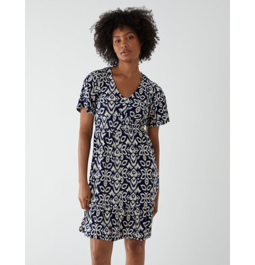 V Neck Shirred Mini Tea Dress With Split