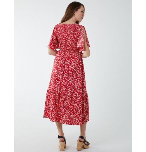 Sheared Bust Midi Dress With Angel Sleeves