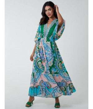 V Neck Flutter Sleeve Maxi Dress