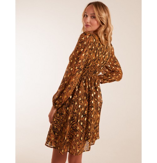 Shirred Waist Leopard Foil Wrap Front Mini Dress