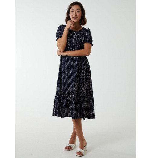 Polkadot Tie Waist Midi Dress