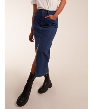 High Rise Denim Midi Skirt