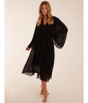 Wrap Front Pleated Sleeve Midi Dress