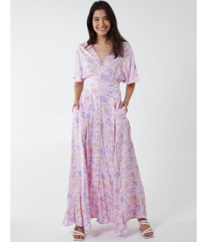 Button Through Angel Sleeve Maxi Dress