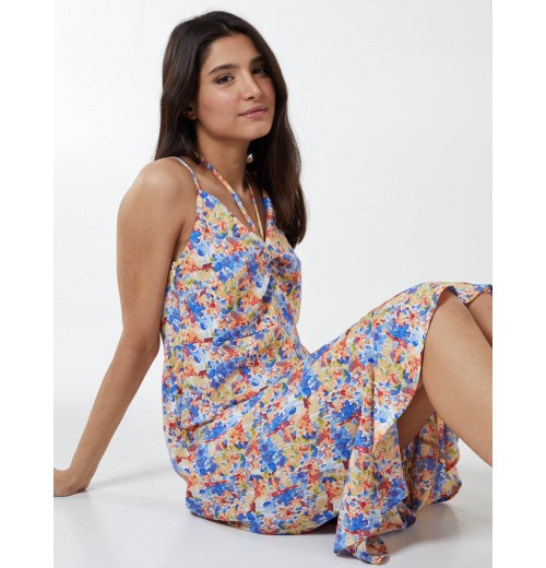 Twist Front Floral Print Midi Dress