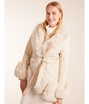 Faux Fur Collar PU Belted Coat