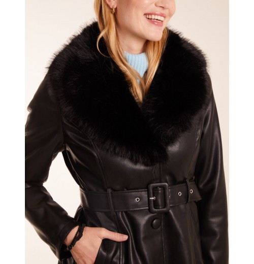 Longline Leather Look Faux Fur Coat